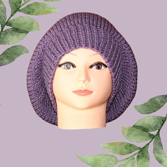 Hand Knit Slouchy Beanie: Stretchy Purple Acrylic Hat - Picture 3 of 5